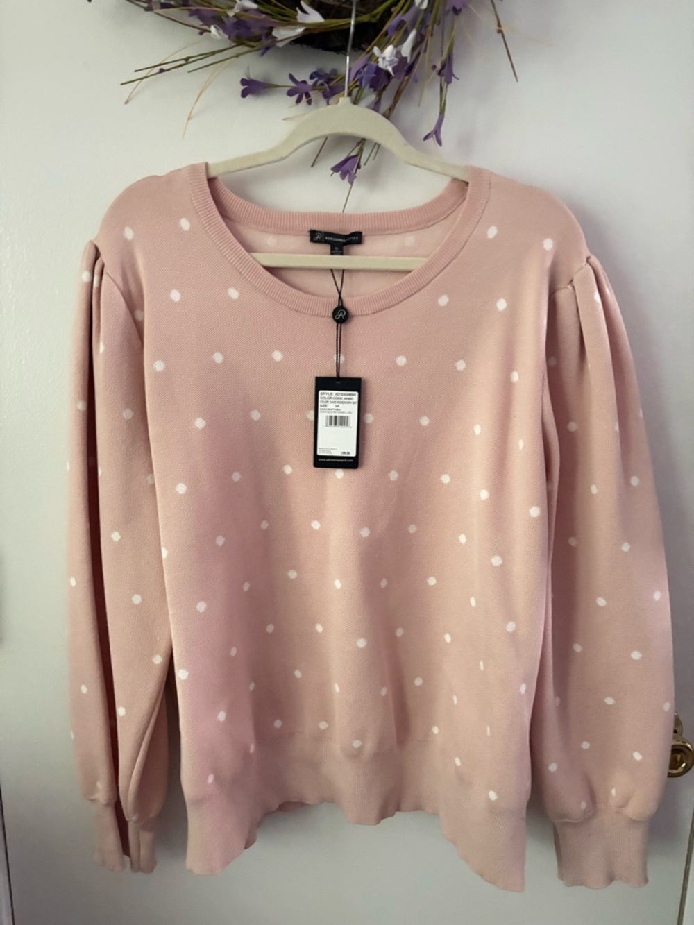 Adrianna Papell Pink Polka-Dot Puff Sleeve Sweater